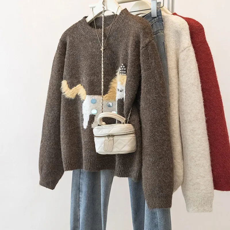 

Осенне-зимний вязаный топ для полных женщин, свободного кроя, с вышивкой, круглым вырезом, удобный свитер...