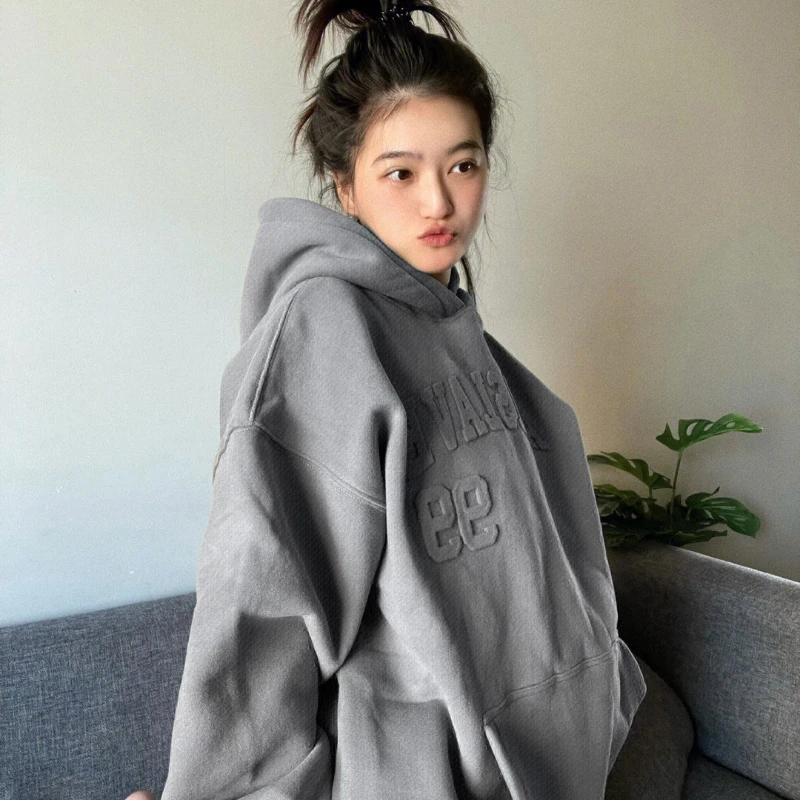 Hooded Grey Woman Clothing Hoodies Loose Graphic Letter Printing Text Sport Top Baggy Women\'s Sweatshirt Y2k Vintage Xxl New In