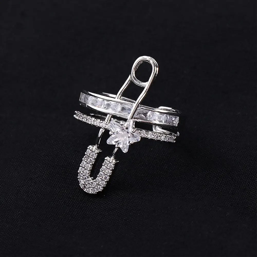 Exaggerated Zircon Open Ring Pin Design Double Layer Finger Jewelry For Woman Temperament Personality Female Ring Jewelry