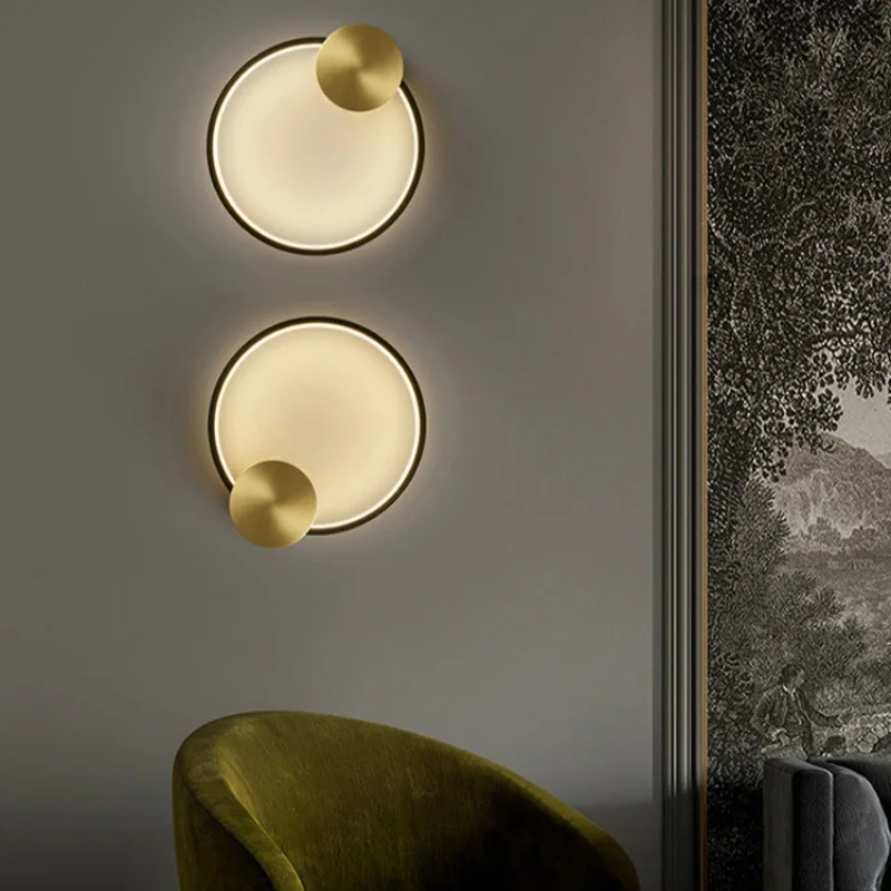 Modern Luxury Circular Wall Lamps Foyer Geometric Model Room Bedroom Staircase Foyer All Copper Minimalist Indoor LED Wall Light