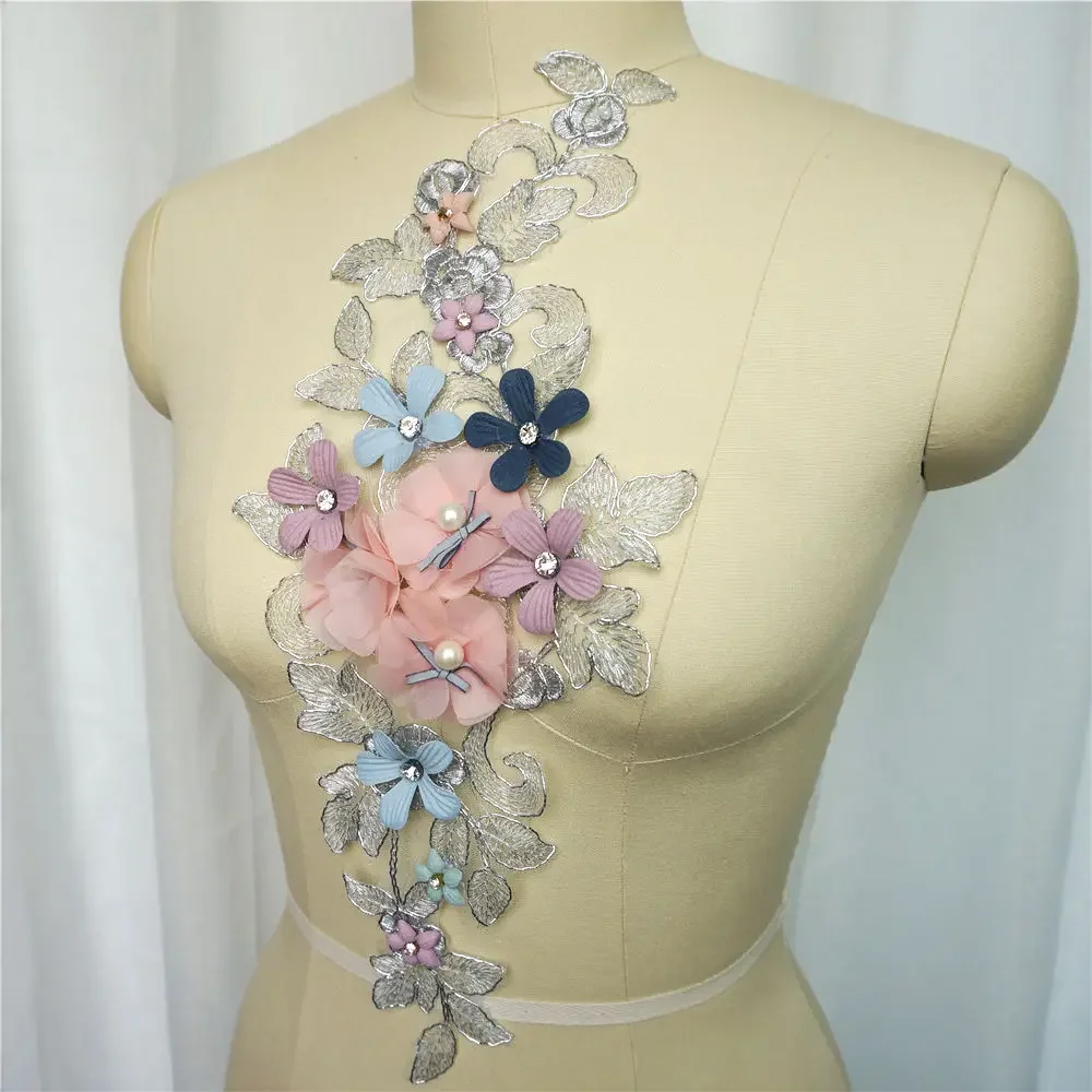 Grey Pink 3D Flowers Beads Rhinestone Lace Fabric Embroidered Wedding Gown Appliques Sew Patch For Dress DIY Decoration