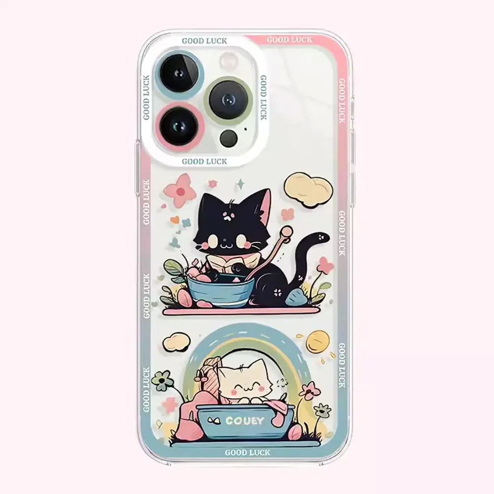 Cute Cartoon Black Cat Art Phone Case for IPhone 16 15 14 13 12 11 Pro Max Mini XS X 7 8Plus Clear Soft Cover Funny Animal Funda