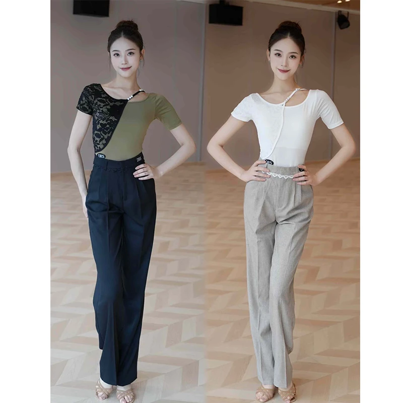 Women Latin Ballroom Dance Clothes Pearl Lace Tops Short Sleeves Gray Black Latin Trousers Salsa Dance Practice Wear DNV24401