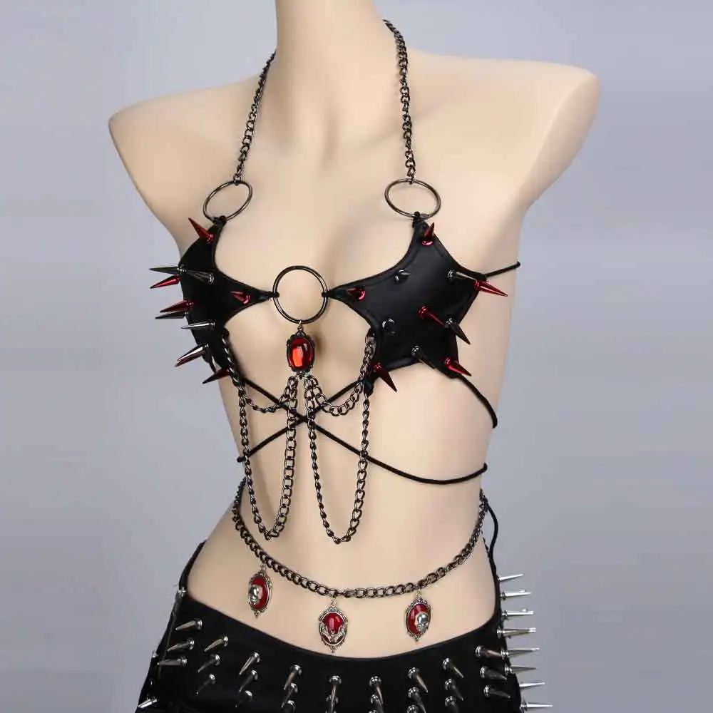 Chain Teen Rave Outfits Glitch Core Emo Punk Rock Y2K Halter Camisole TOPS Spike Studded Rivet Goth Grunge Festival Bra