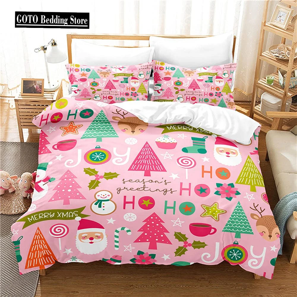 

Pink Christmas Duvet Cover Snowman Pine Printed Cartoon Santa Claus Bedclothes for Girls Kids Women Teens Happy New Year Queen