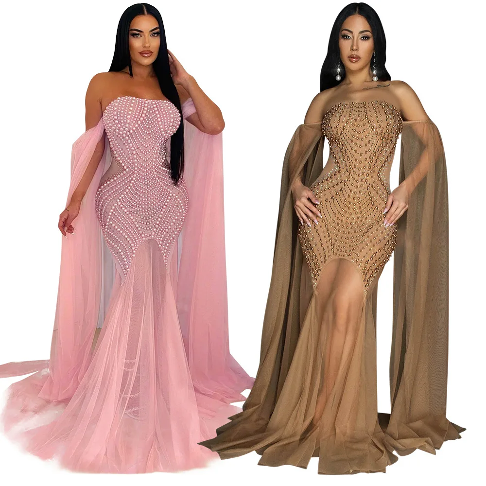 

Crystal Female Clothes Outfits Women Dress Party Club Sexy Strapless Dress Mesh Long Dress Evening Gift Vestidos