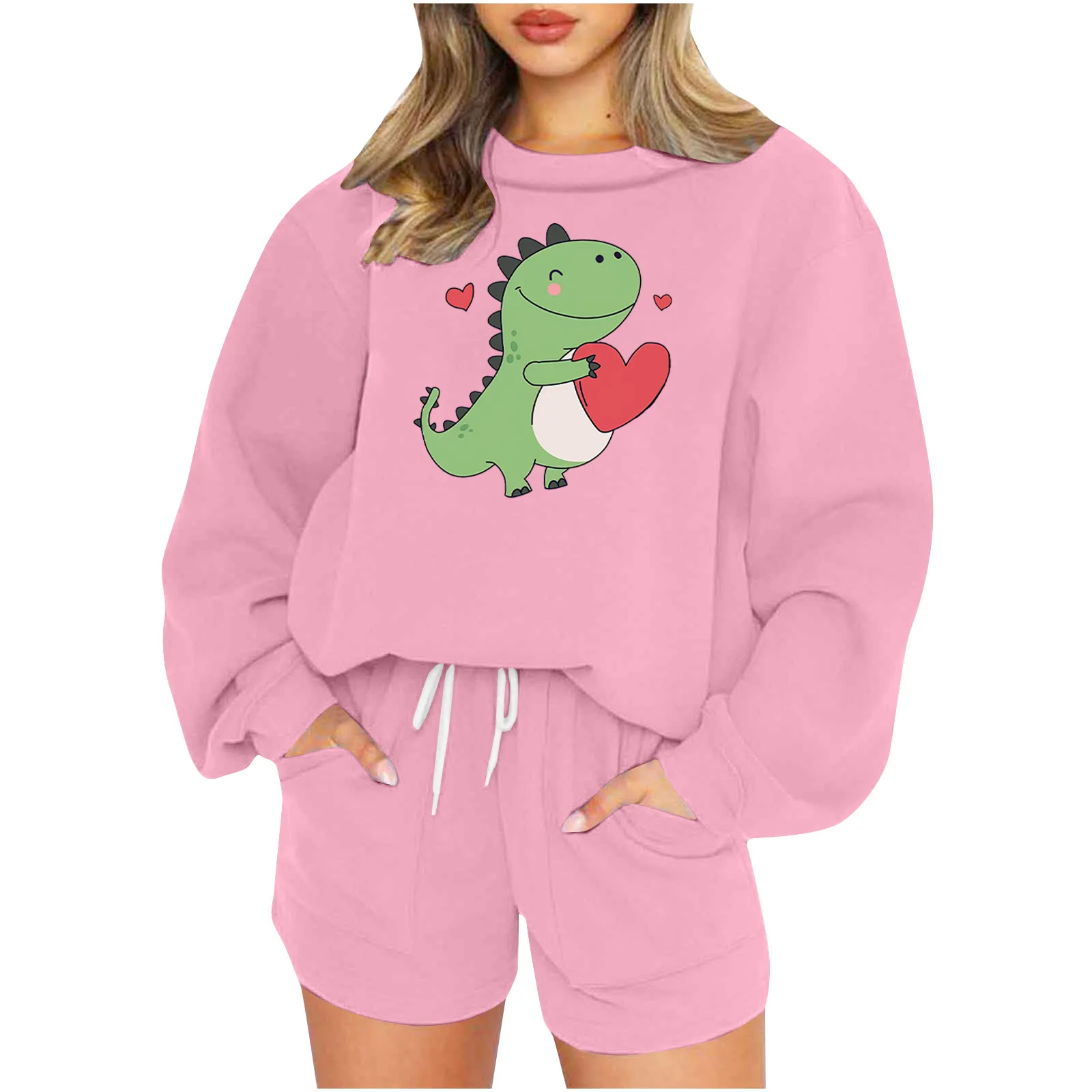 Fashion Cute Dinosaur Print Two Piece Set Women Long Sleeve Pullover Sweatshirt Drawstring Shorts 2 Piece Sets Female Autumn New