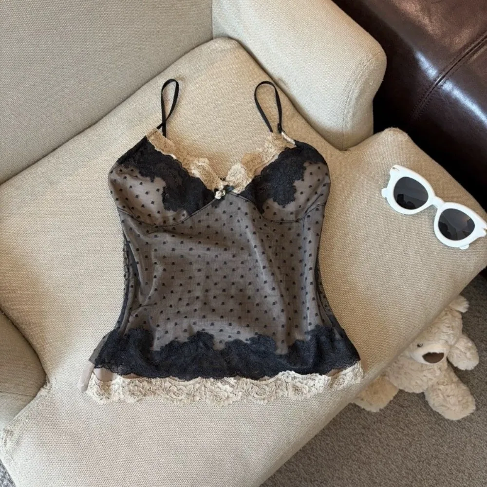 Slim Fit Women’s Tank Tops Lace Trim Spaghetti Strap Double-layer Polka Dot Crop Tops Sexy Breathable Summer Lace Camisole