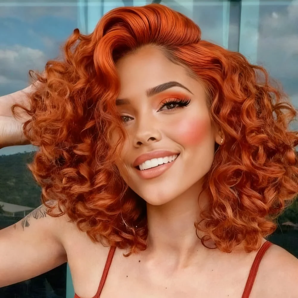 

Парик с кружевной передней частью 13x4 HD, имитация глубоких волн, цвет имбирно-оранжевый, короткий кудрявый, из натуральных волос, плотность 200%, без клея