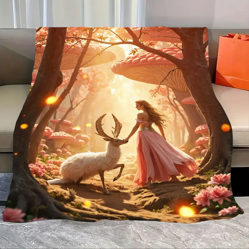 

1pc Flannel Blanket Enchanted Forest Blanket with Deer and Princess, Fairy Tale Style Throw
