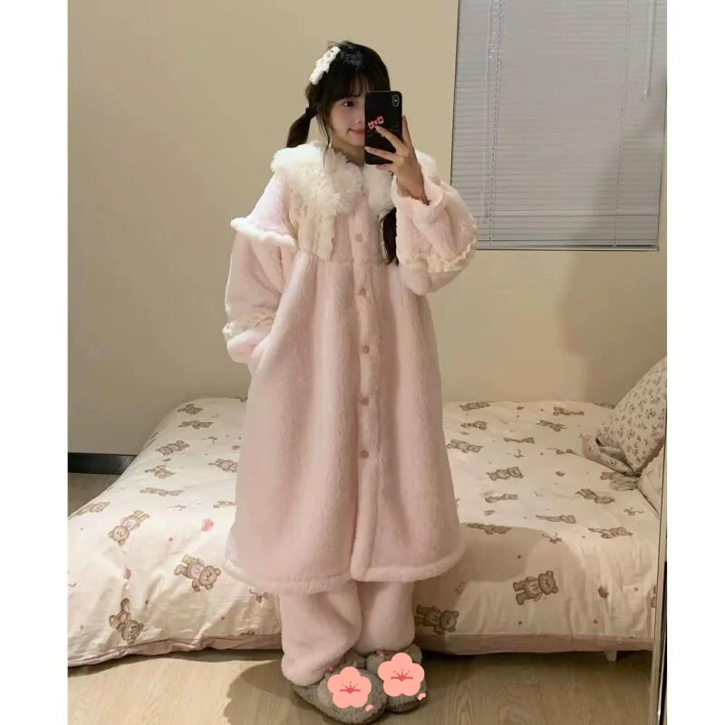 

Pajama Set Comfortable Sleepwear Fluffy Plush Pink Oversized Women Winter Thick Fleece Warm Homewear Robe Loungewear Set Cute