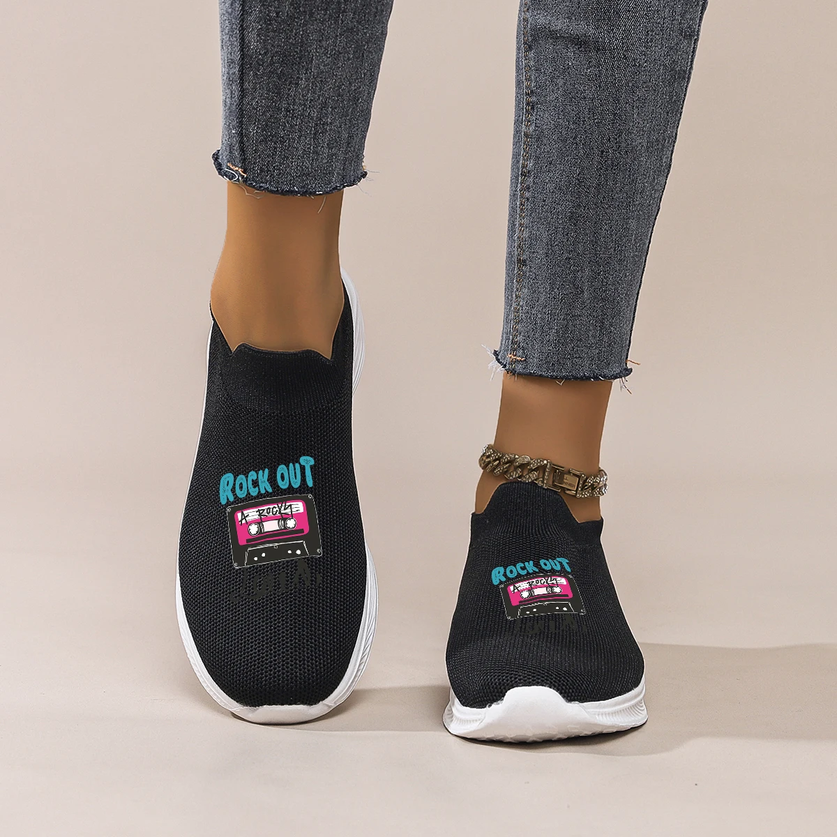 

Women's Black Mesh Slip-On Sneakers: Retro Cassette Print, Comfortable for Daily Wear. Easy to Match with Jeans & Pants.