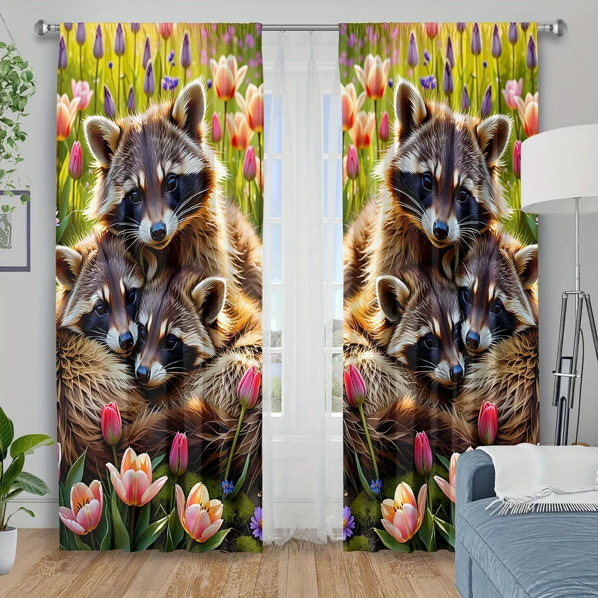 

Cute raccoon and tulip pattern Print Drapes Room Darkening Window Curtains for Home Decor,Rod Pocket Blackout Curtains Bedroom