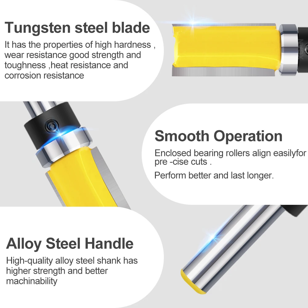 XCAN-Fresa de madera con mango de 8mm, broca de enrutador de corte al ras, plantilla de patrón, molino recto con rodamiento, herramienta de