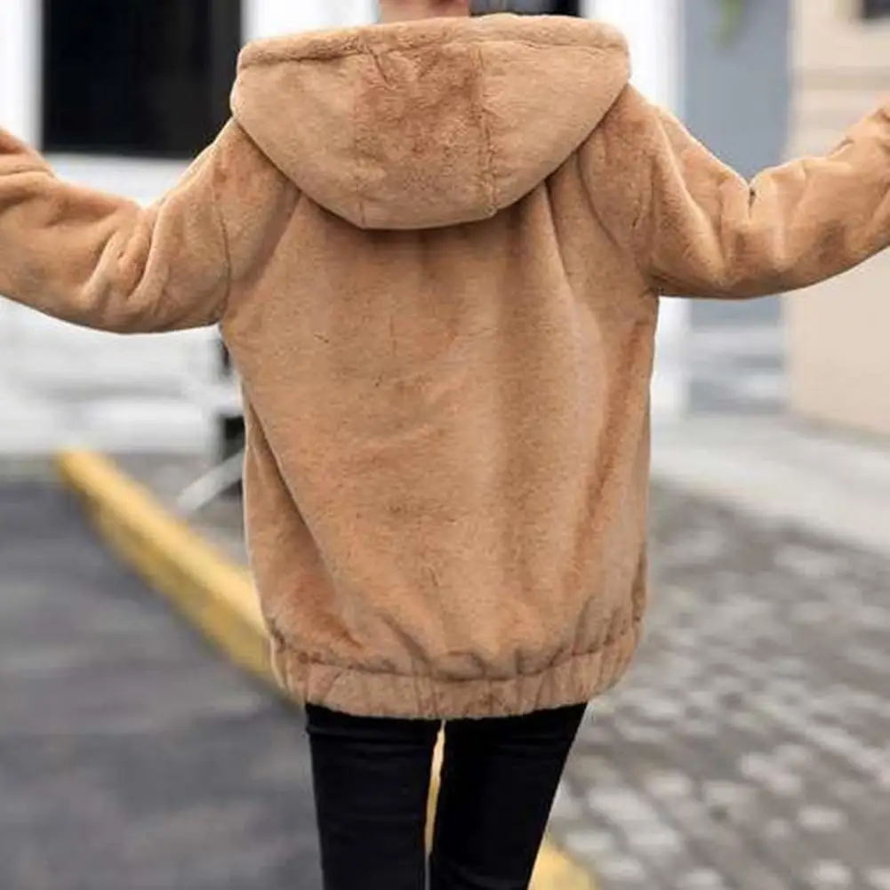 Chaqueta con capucha de felpa cálida para mujer, abrigo elegante con cierre de cremallera suave, ajuste suelto, a prueba de viento, Otoño e Invierno