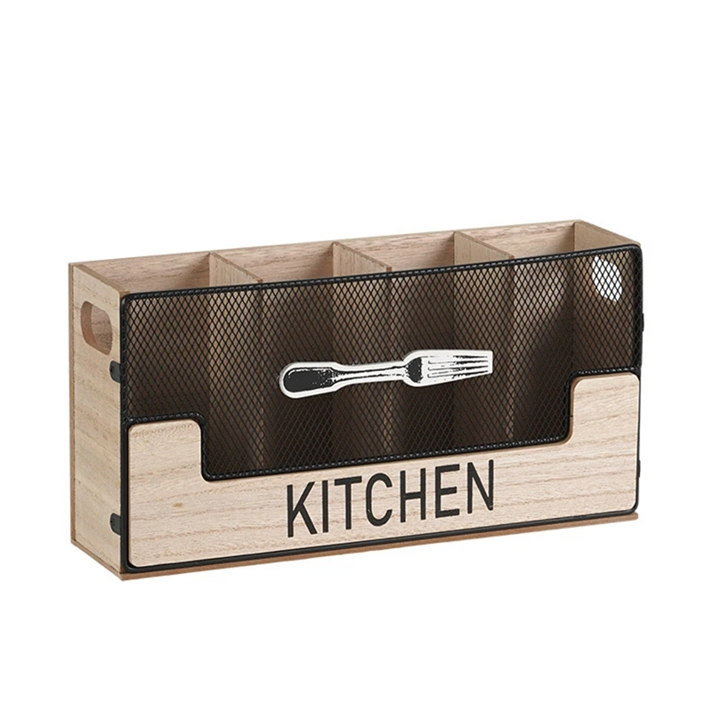 Kitchen Counter Utensil Holder Metal Paired With Wood Flatware Organizer 4 Compartments For Spatula Crock Cutlery