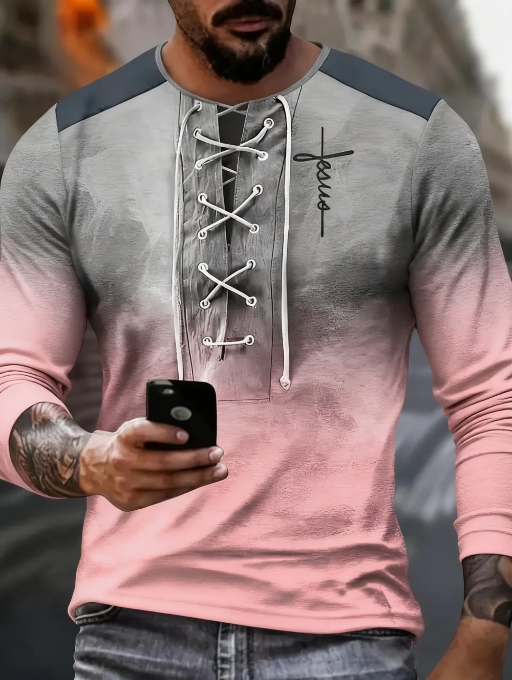 تي شيرت للرجال فو الرباط ثلاثية الأبعاد طباعة الرجال كم طويل تي شيرت الخريف طاقم الرقبة تي شيرت كبير الحجم الصليب طباعة قميص ملابس للرجال