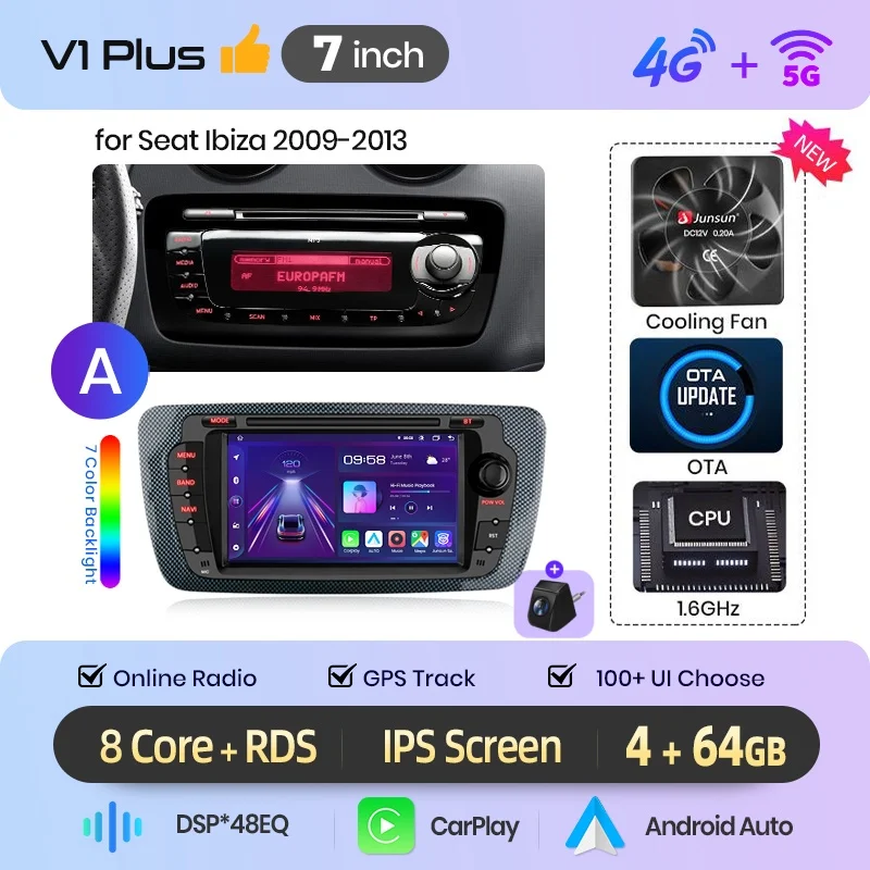 Junsun Android 16 Wireless CarPlay Android Auto Autoradio für Seat Ibiza 6J 2008 2009 2010 2011 2012 2013 GPS-Navigation Multimedia-Player 7 Zoll IPS-Touchscreen Stereo Bluetooth DSP FM RDS SWC 5G