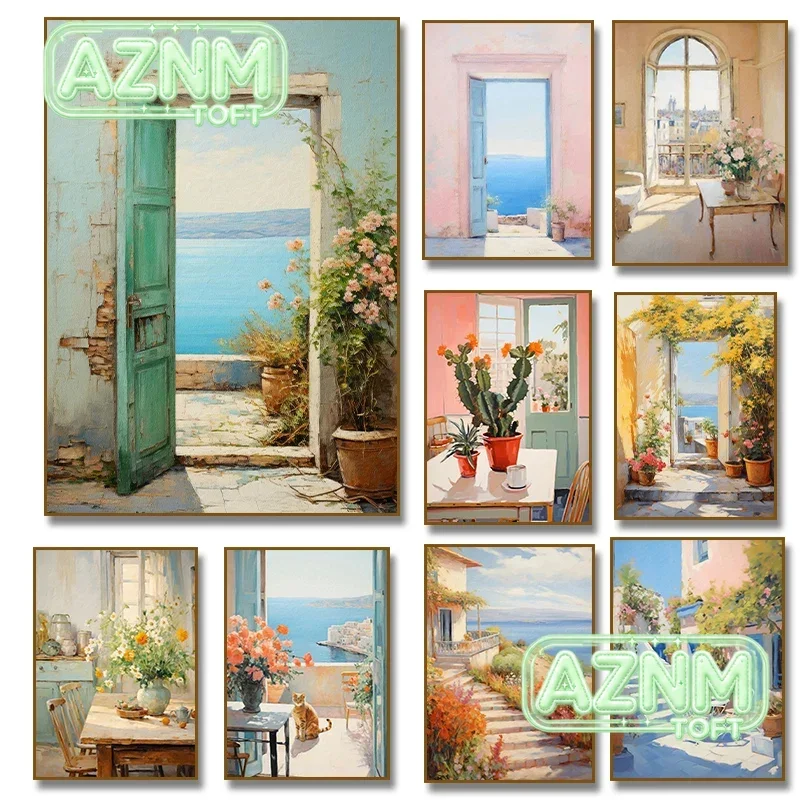 Italian Cottage Greece Doorway Flower Coastal Cat Cactus Canvas Painting Still Life Poster Print Aesthetic Room Home Decorati