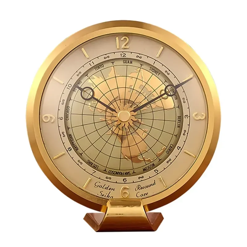 18K gold-plated copper table clock World time dial Japanese SKP movement Classic luxury European copper table clock Home