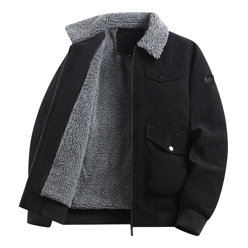 

M-8XL Large Size Lambskin Men's Parks Men Loose Corduroy Jacket for Business Men Casual Tactics Military Parkas Fleece Inside