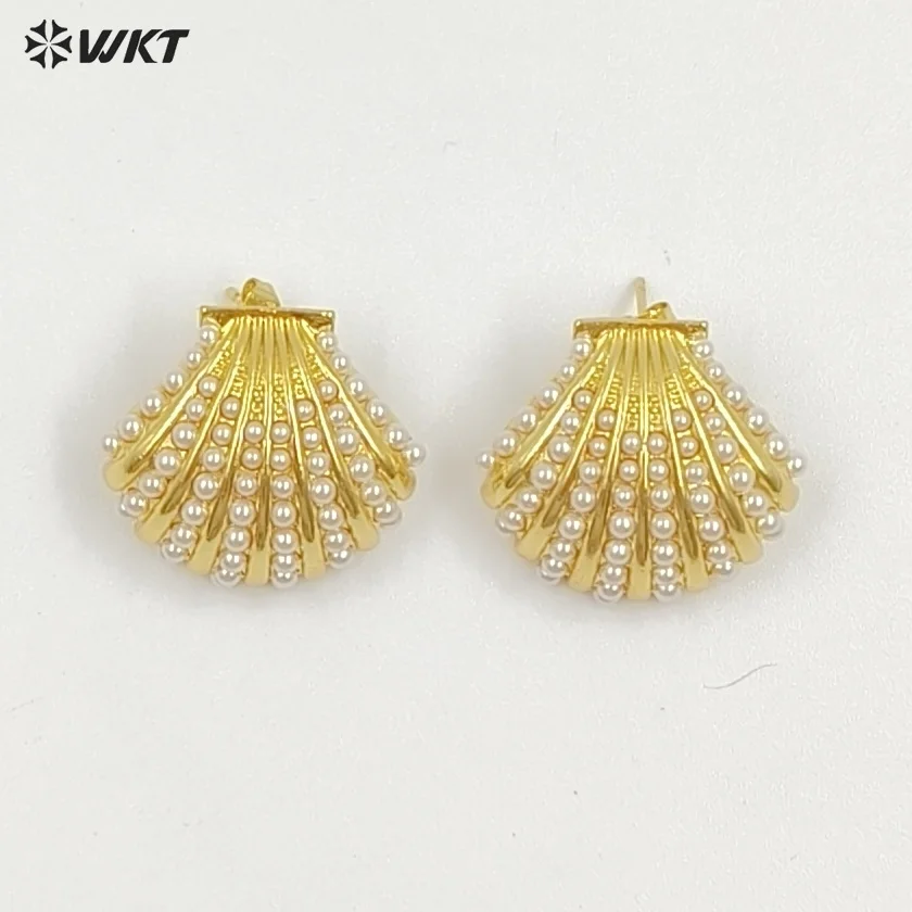 

WT-ME124 Vivid And Cute Style Shell Pendant Design With Brass Artificial Pearl Earring For Girls Dating Decorated