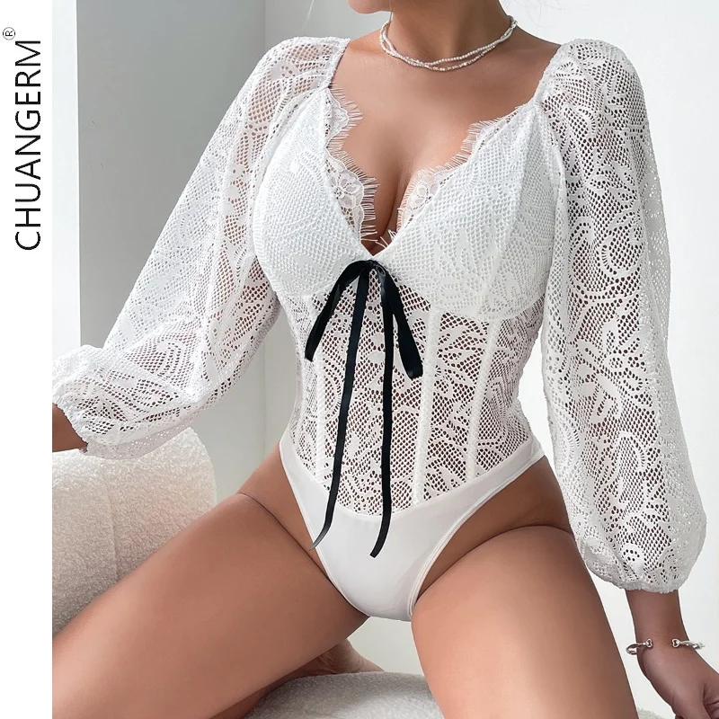 

CHUANGERM Pure Desire Bodysuits Cute Bow Puff Sleeves Stylish and Fresh Bodysuit Sheer Solid Lace Sensual Rompers Women Push Up