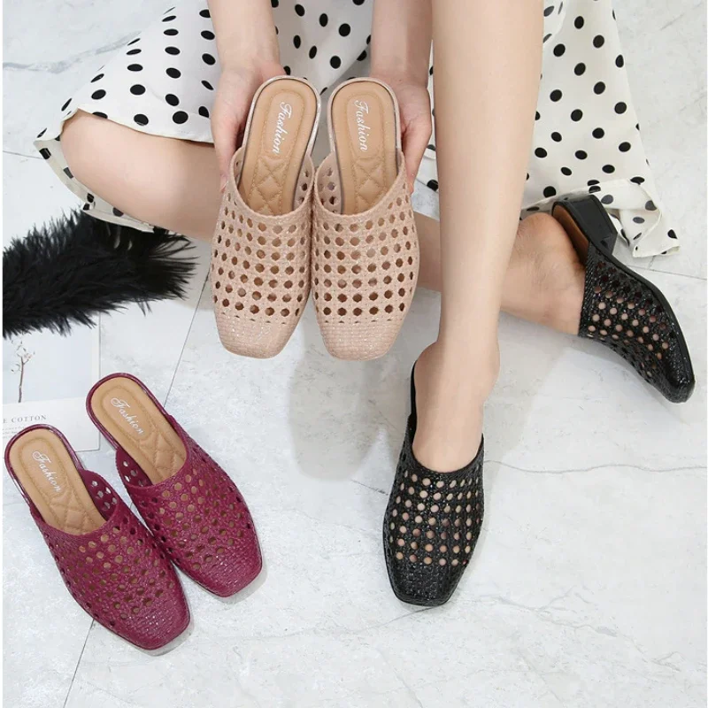 

Women Summer Shoes Casual Slip-on Square Toe Medium Heel Slippers Sandals Woman Hollow Slides Beach Shoes Zapatos De Mujer