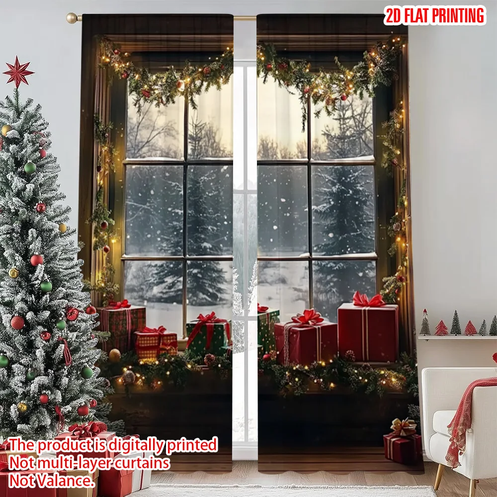 

2pcs 2D flat printing Christmas Drapes Snow Forest Scene Versatile 100% Polyester Without Electricity Holiday Decorations