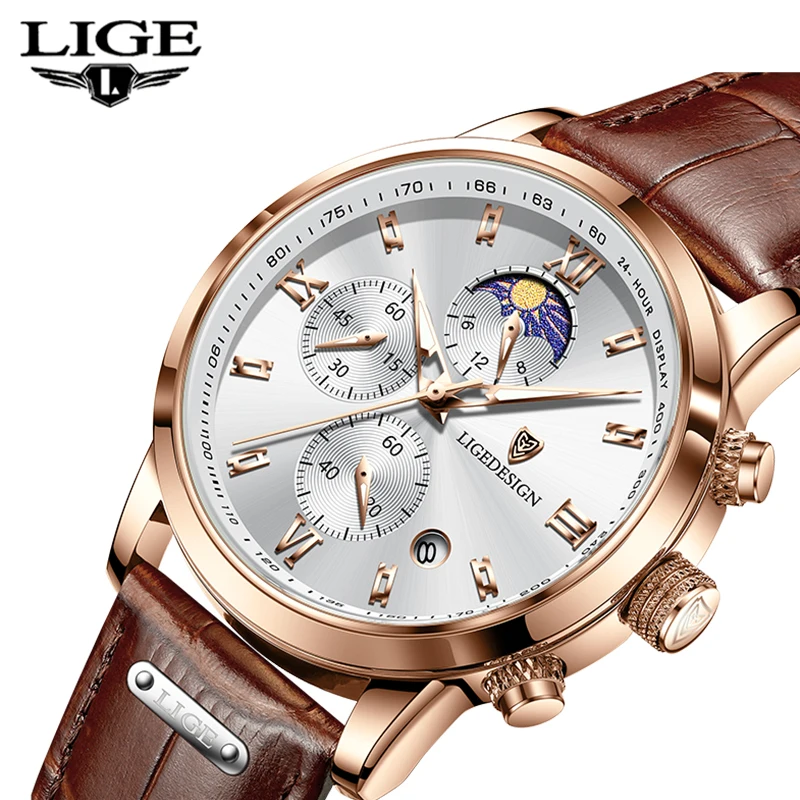 LIGE 2024 top brand luxury classic leather men\'s watch quartz watch date timing simple daily wear watches for men reloj hombre