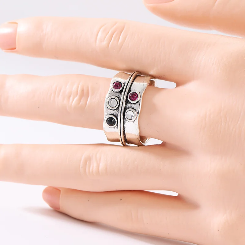 Bohemian Ethnic Style Silver Plated Ring Vintage Aesthetic Inlay Synthetic Zircon Daily Wear Ring Personality Jewelry