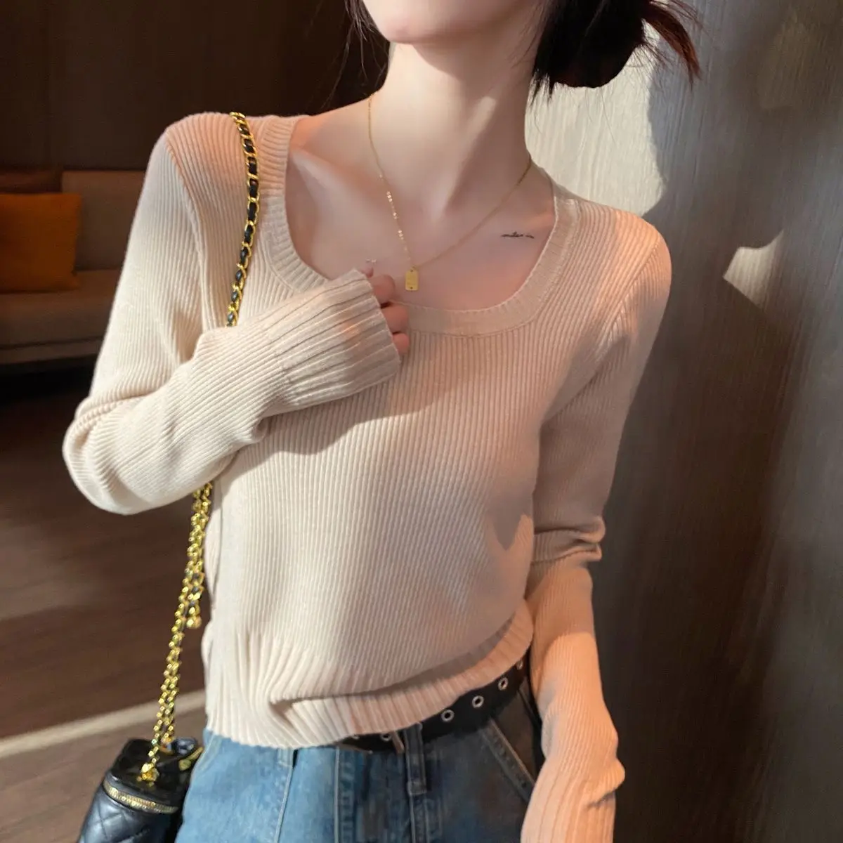 2023 Autumn Wnter Clothes Women\'s Sweater Square Collar Female New Knit Crop Pullover Korea Fashion Long Sleeve Top Woman Jumper