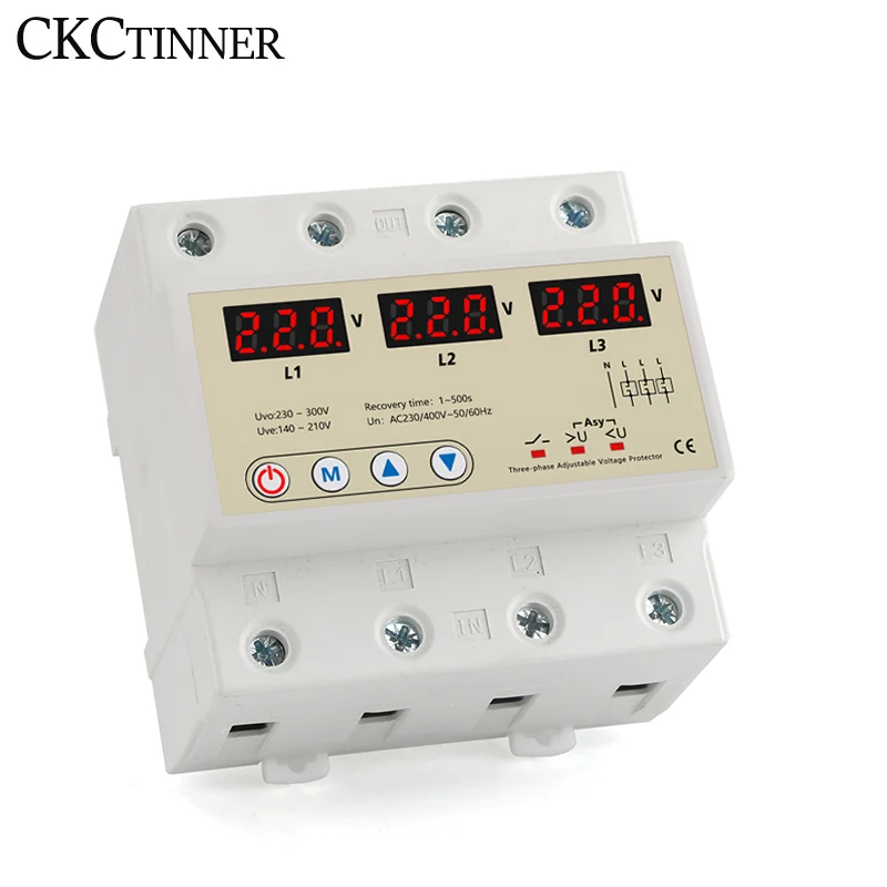 Imagem -03 - Dispositivo Protetor Trifásico Ajustável sobre e sob a Tensão Protetor de Tensão do Trilho do Ruído da Recuperação Automática 63a 380v