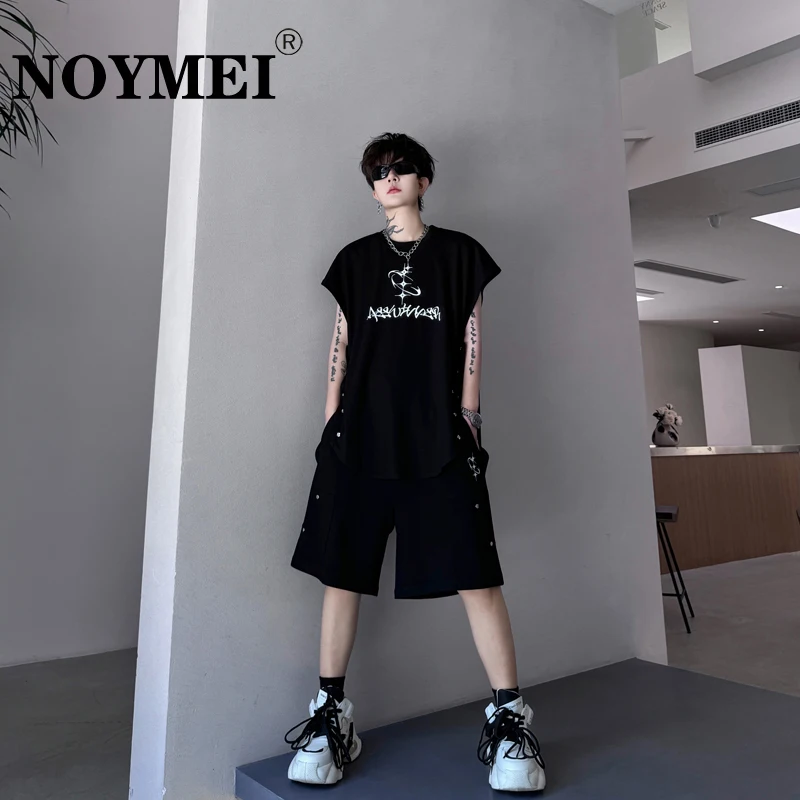 NOYMEI Summer Letter Printing Waistcoat Sleeveless Drawstring Metal Button Shorts Men's New Two Pieces Set Chic WA4543