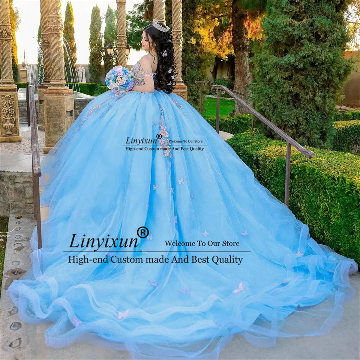 Elegance Blue Quinceanera Dresses 3D Flowers Illusion  Ball Gown Off The Shoulder Beading Appliques Corset Vestidos De 1516 Años