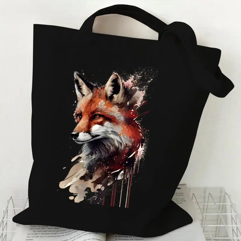 Retro Fox Tote Bag Cute Fox Handbag Canvas Bag Forestcore Tote Bag Gift Floral Animal Black Tote Bag Versatile Simple
