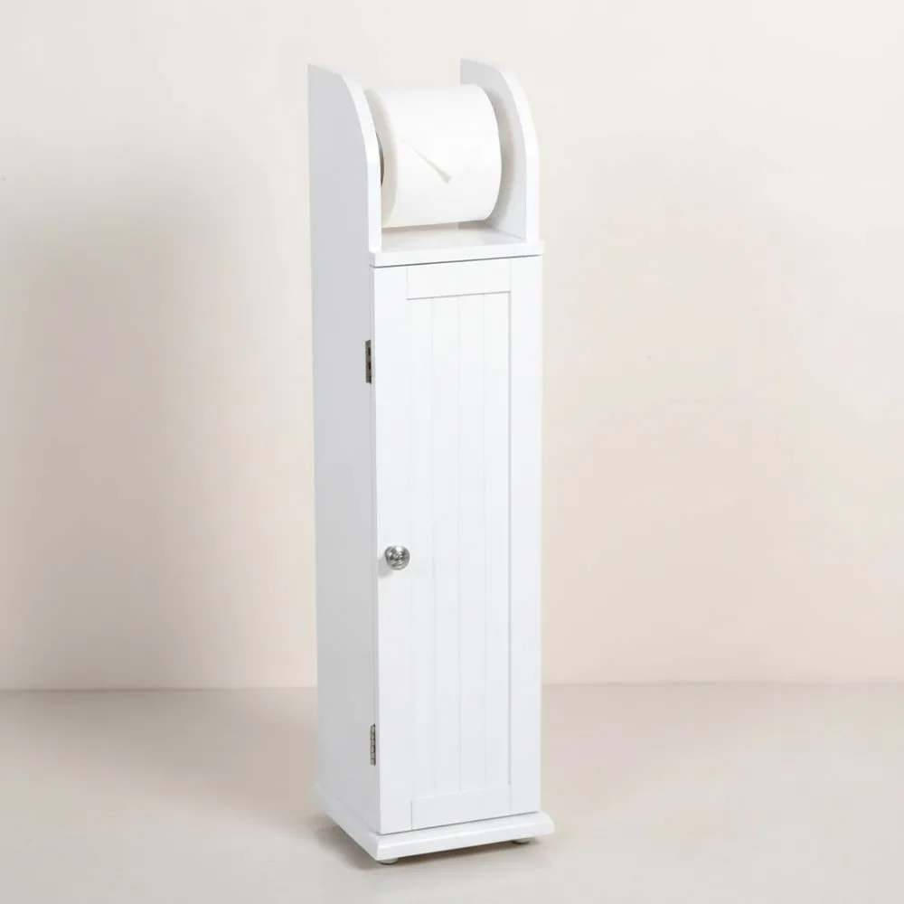 

Slim Bathroom Cabinet with Toilet Paper Holder, Modern Freestanding Storage for Small Spaces, White