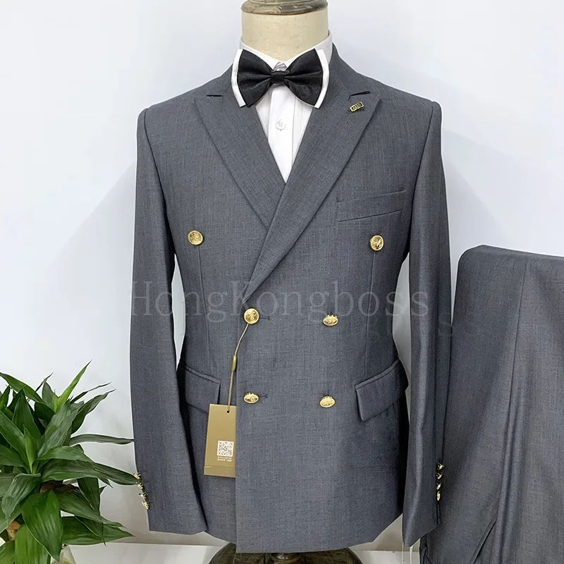 Conjunto de traje de 2 piezas para hombre, blazer, chaqueta, pantalones, moda, informal, negocios, Color puro, doble botonadura, novio, boda, traje