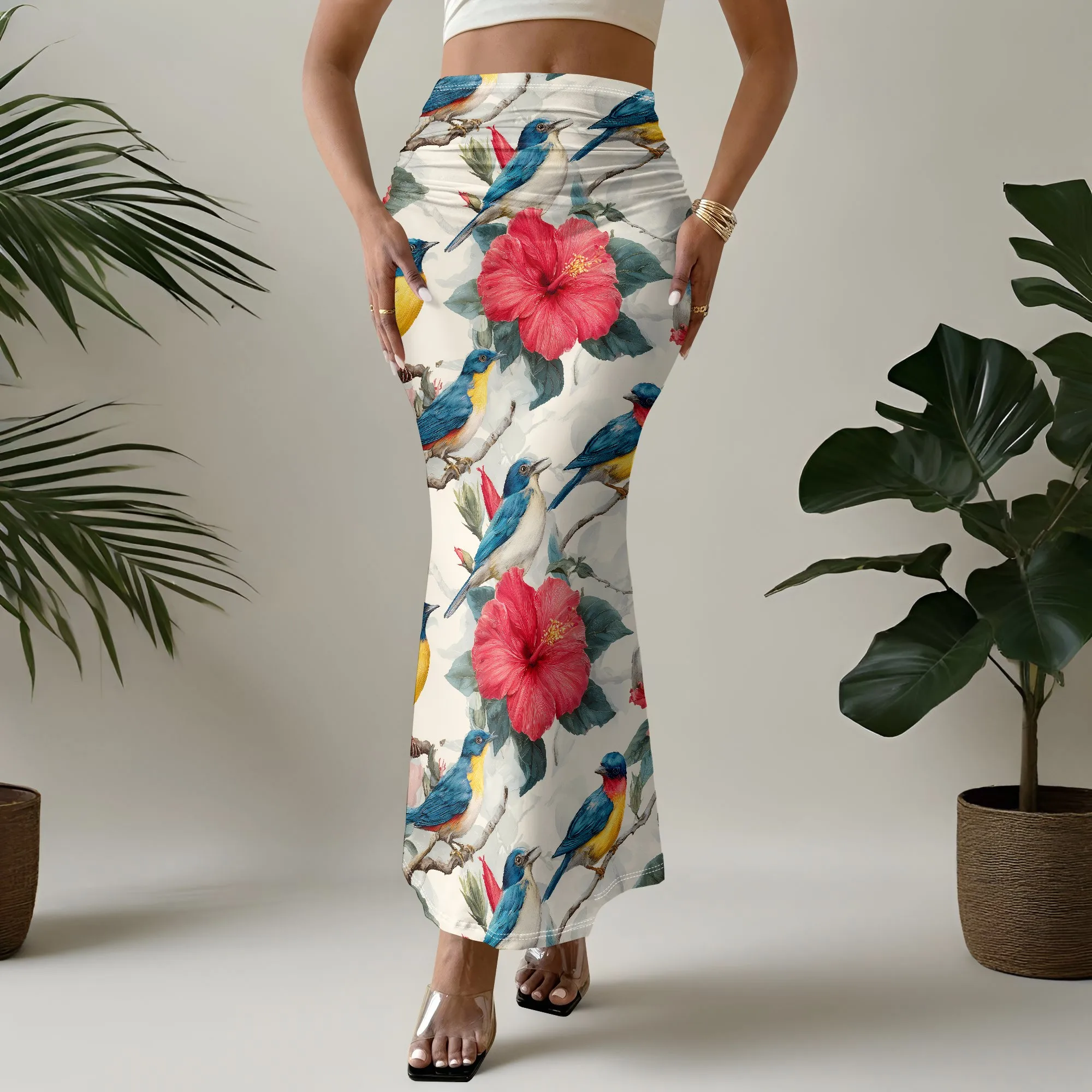 Bird Print, Mermaid Skirt, Tropical Floral, Summer Maxi, Beach Party Wear, S-2XL