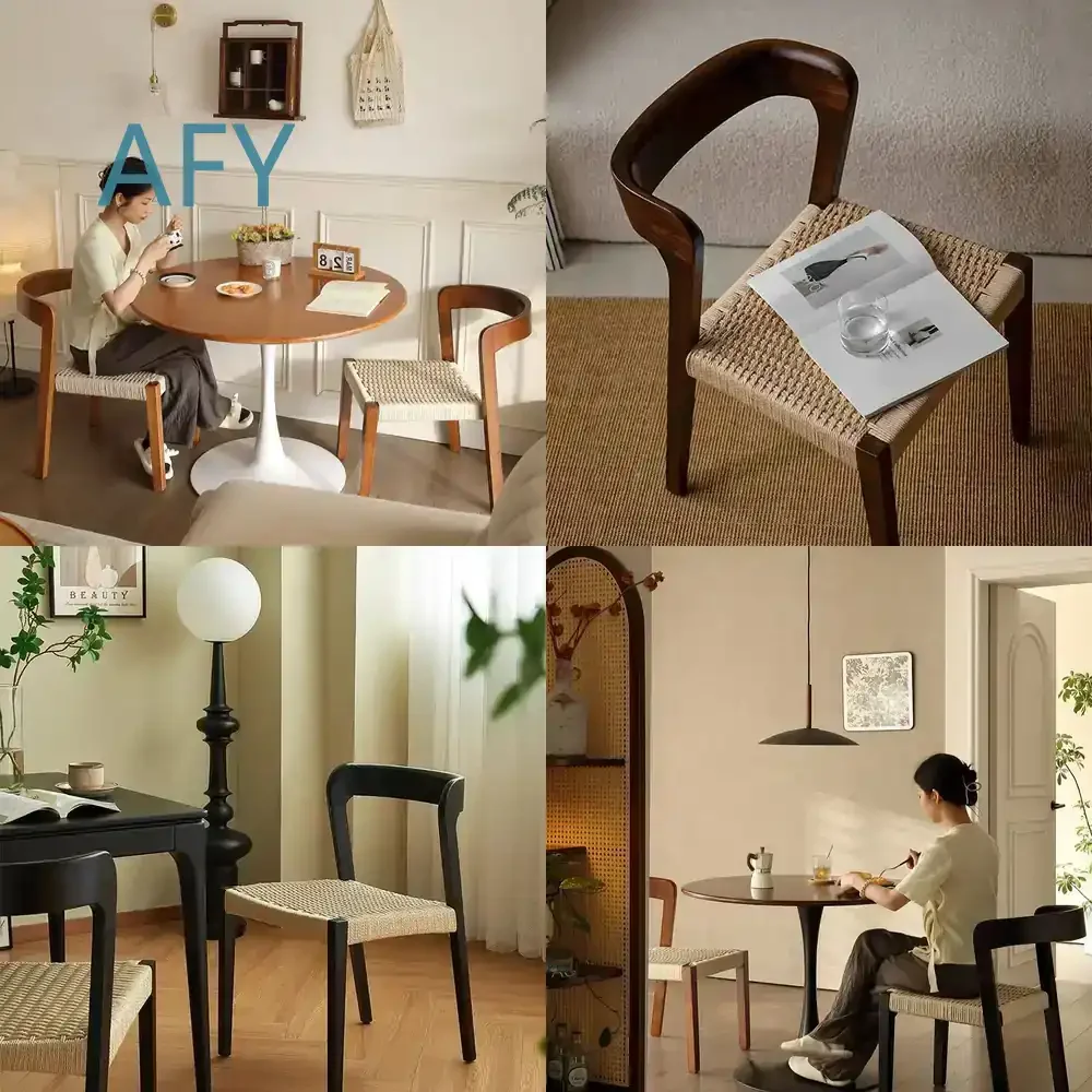 Vintage Solid Wood Dining Chair for French Retro Woven Backrest Space Saving Versatile Kitchen Dining Room Living Room Home