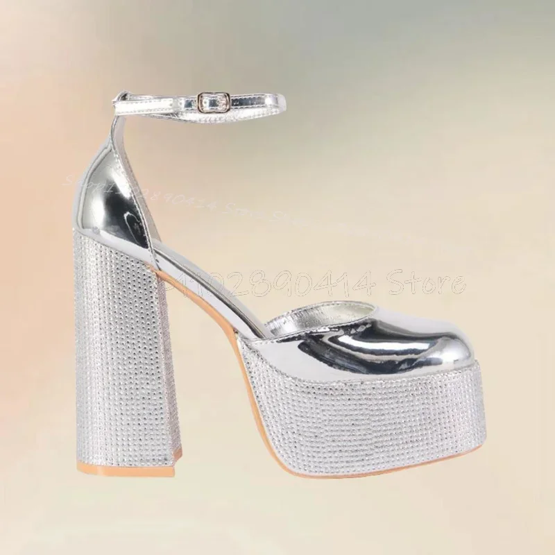

Silver Rhinestone Round Toe Platform Pumps Ankle Buckle Strap Women Shoes Chunky High Heels New Fashion 2024 Zapatos Para Mujere