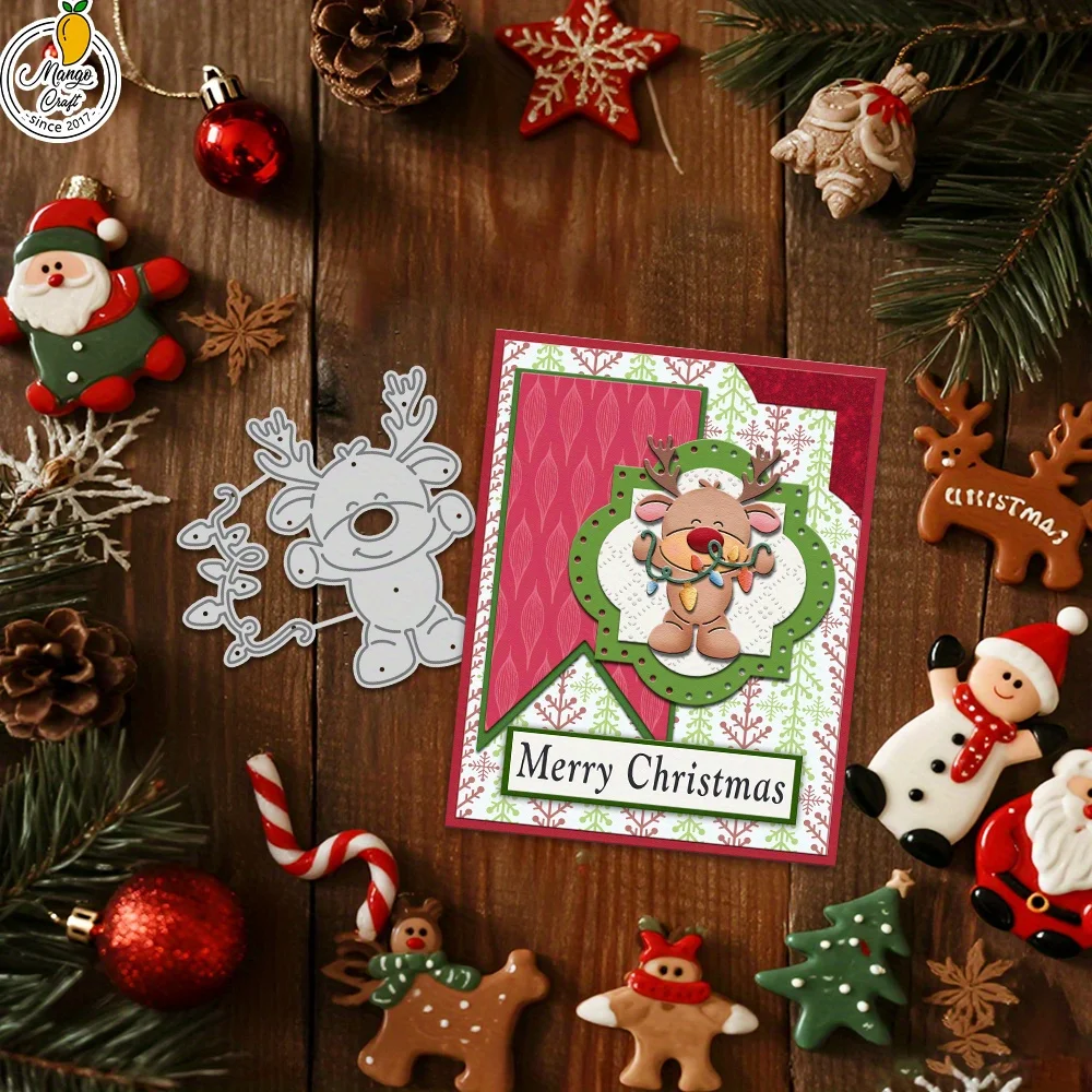 Cute Reindeer Light String Metal Cutting Dies, Christmas Rudolph for Winter Holiday Scrapbooking Card Craft