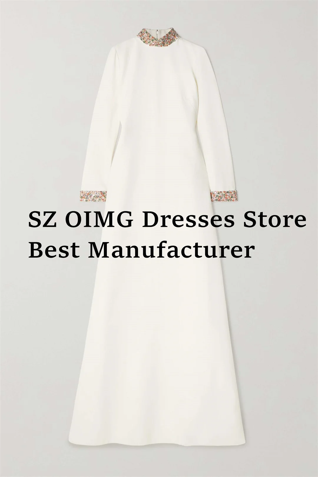 OIMG-cristal embelezado cetim stretch vestidos de baile, Vestidos simples marfim Ruched, Vestido de festa formal, Crepe Prom Dresses