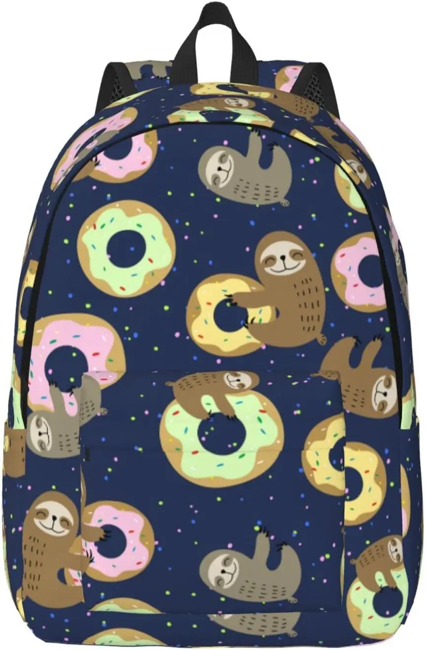 Backpack Casual Lightweight Cute Sloth With Sweet Doughnuts Laptop Backpack Men Women Travel Bag Outdoor Canvas Daypack