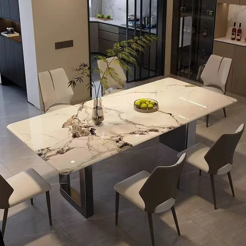 

Light luxury dining table and chairs rock slab dining table combination rectangular modern simple villa dining table and chairs