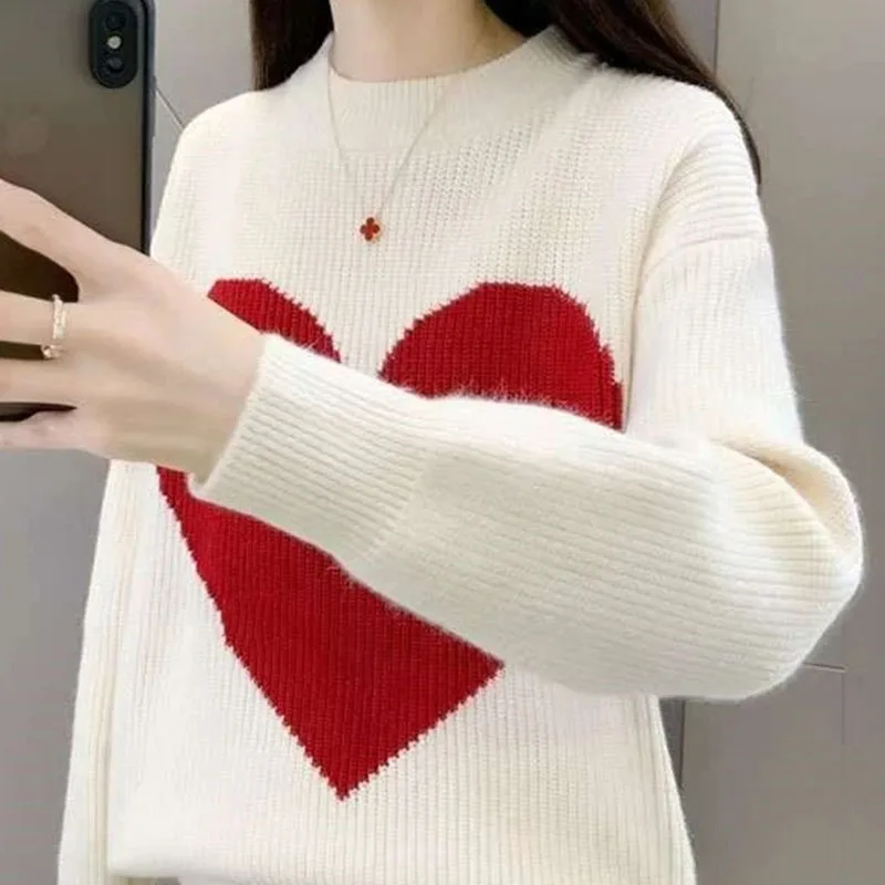 

Женский свитер, пуловер с узором «любовь», повседневный трикотаж, осень-зима 2026, плотный цветной круглый вырез, свободный вязаный топ, универсальный