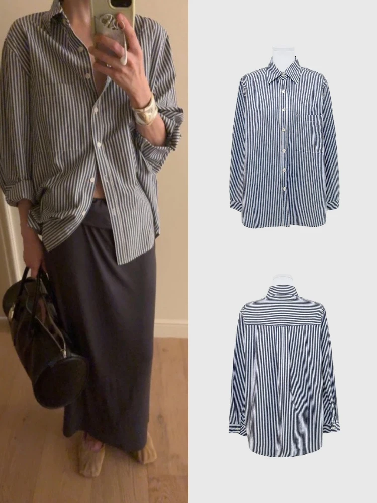 

Свободный женский полосатый повседневный длинный све, дышащий хлопок, удобный винтажный осенний топ