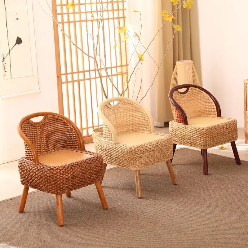 Vine chair, rattan woven tatami, rice back chair, balcony chair, tea room legless chair, solid wood small chair, leisure home lo