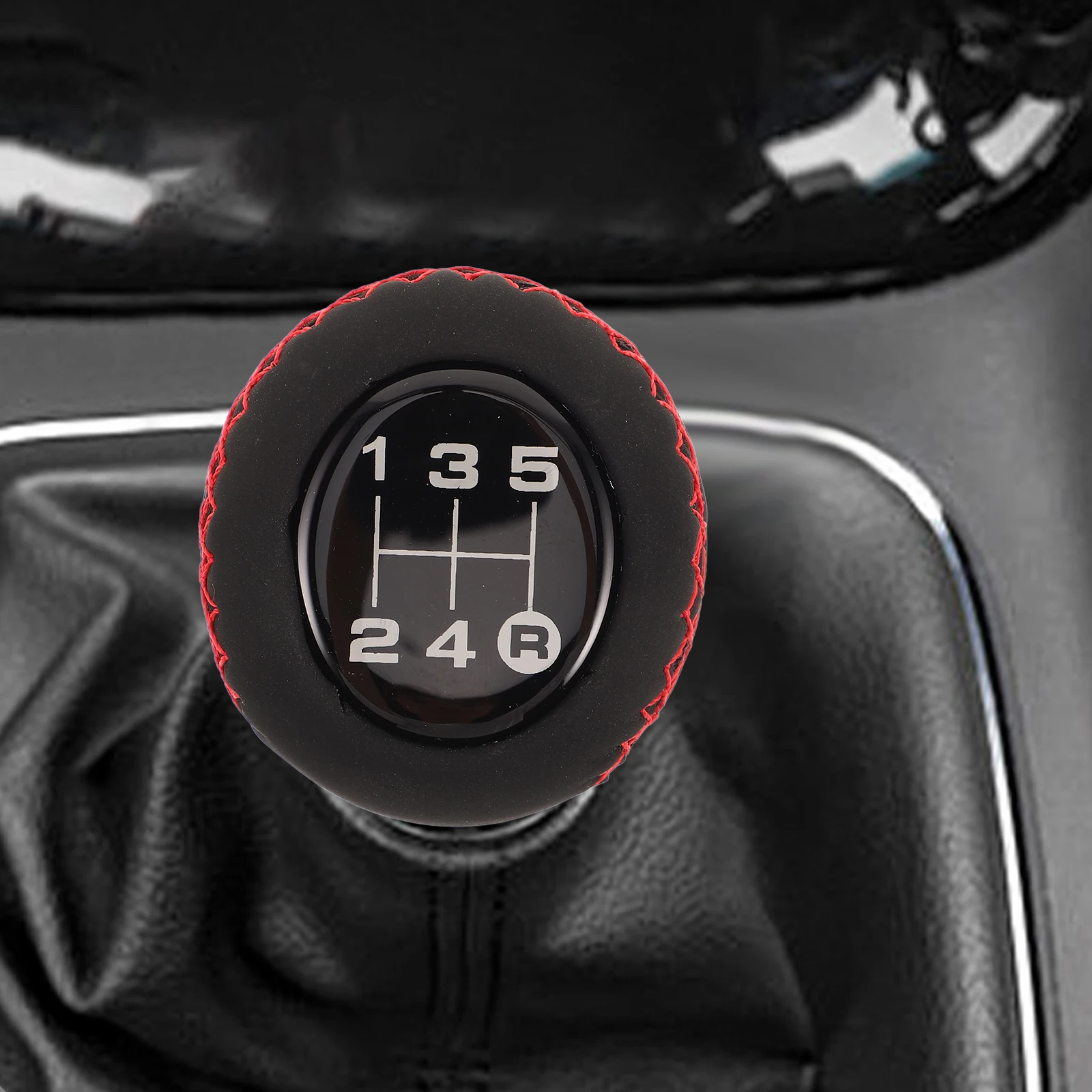 

Universal 5-Speed Manual Gear Knob Pu Shifter Handle Black Red Stitching Durable Easy Installation Smooth Shifting