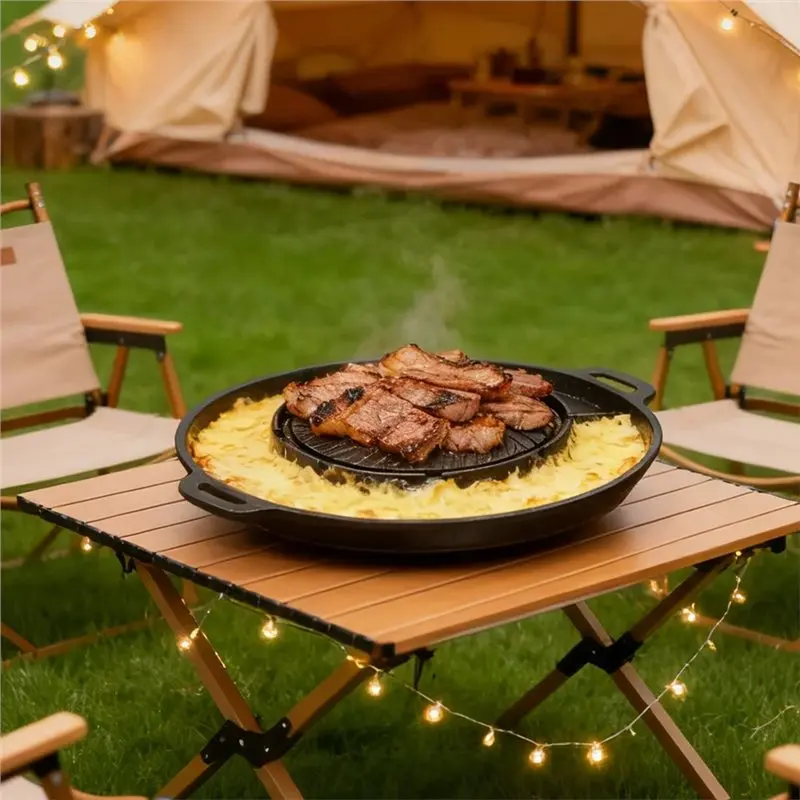 ABKY-Korean BBQ Grill Pan 2 In 1 Round Barbecue Sharing Plate Indoor Outdoor Portable Camping Equipment